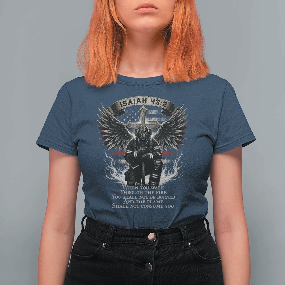 Christian Firefighter T Shirt For Women When You Walk Through The Fire You Shall Not Be Burned American Flag