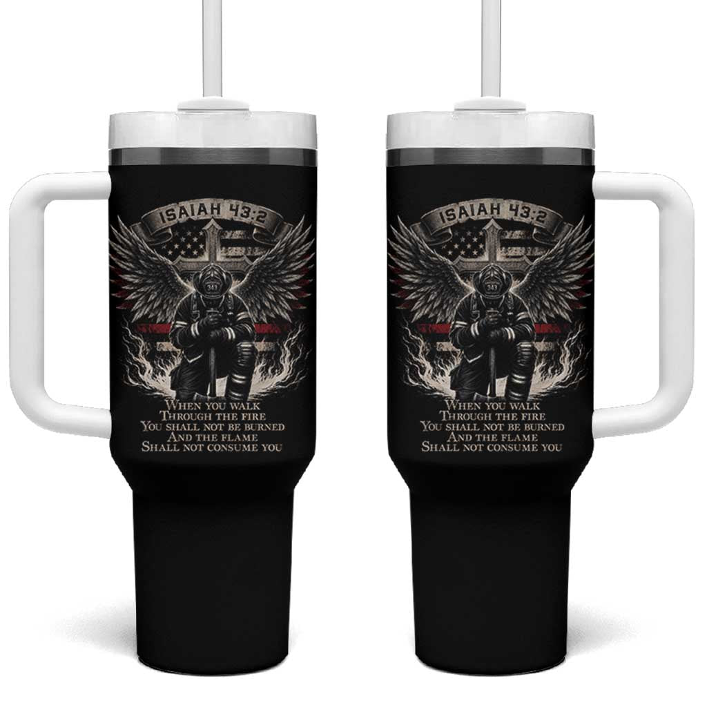 Christian Firefighter Tumbler With Handle When You Walk Through The Fire You Shall Not Be Burned American Flag
