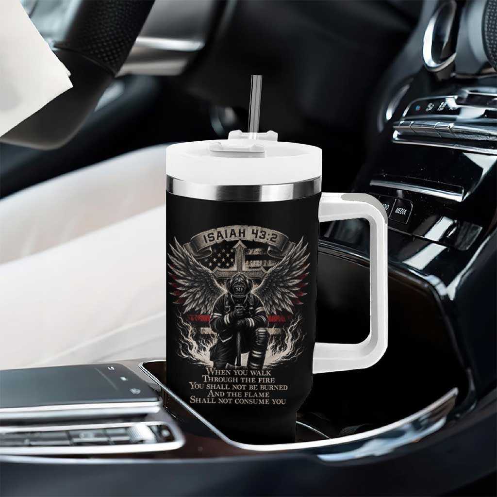 Christian Firefighter Tumbler With Handle When You Walk Through The Fire You Shall Not Be Burned American Flag