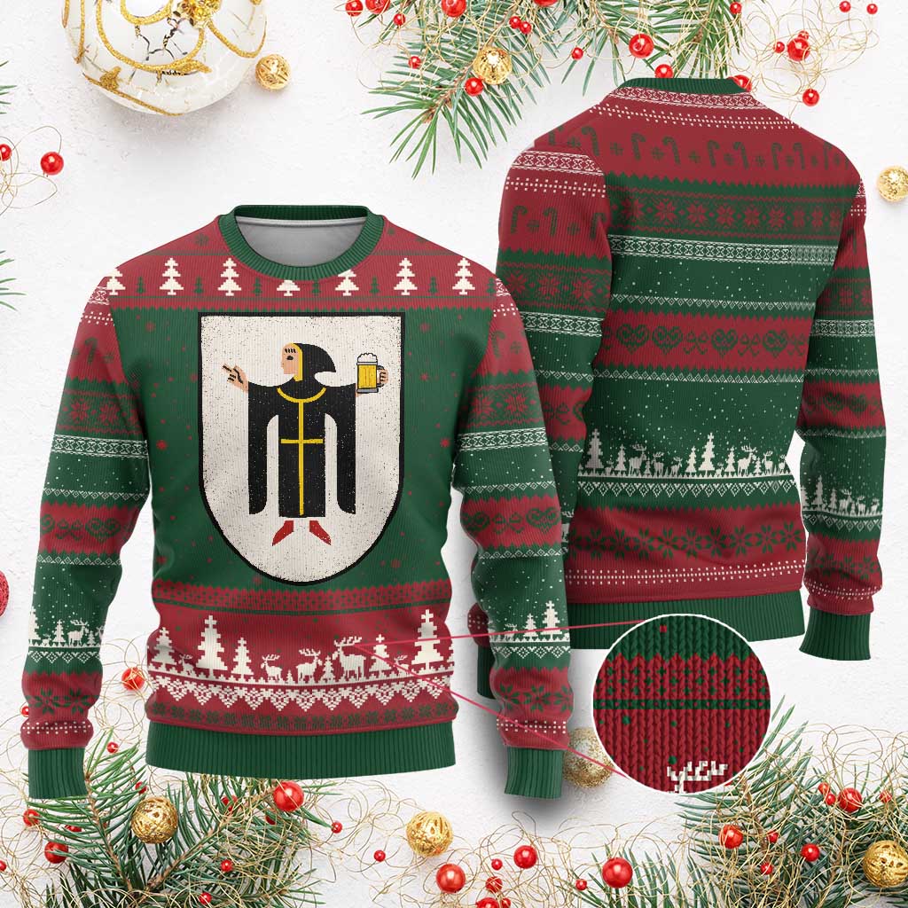 Funny Munich Oktoberfest Munchen Coat of Arms Ugly Christmas Sweater Münchner Kindl Beer Drinking