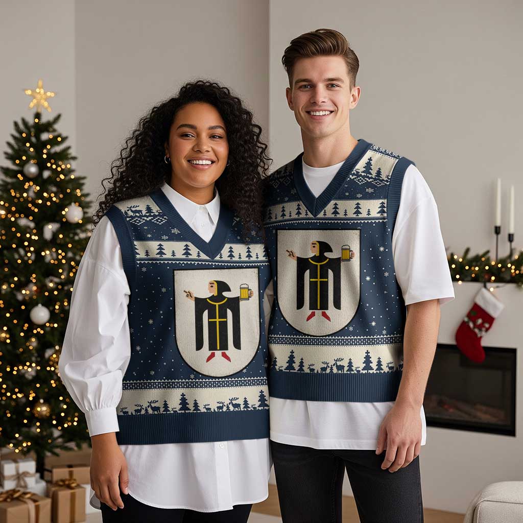 Funny Munich Oktoberfest Munchen Coat of Arms V-Neck Knit Sweater Vest Münchner Kindl Beer Drinking