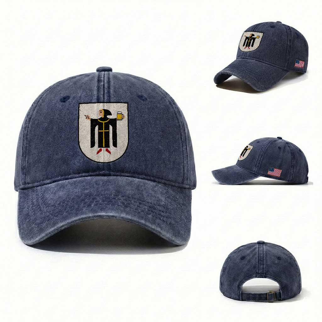 Funny Munich Oktoberfest Munchen Coat of Arms Washed Cotton Baseball Cap Münchner Kindl Beer Drinking
