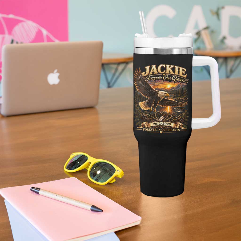 Jackie The Eagle Big Bear Lake California Tumbler With Handle Forever Our Queen And In Our Hearts Wildlife Supports
