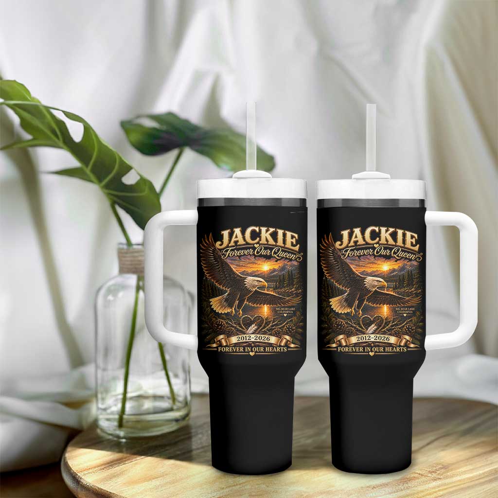 Jackie The Eagle Big Bear Lake California Tumbler With Handle Forever Our Queen And In Our Hearts Wildlife Supports