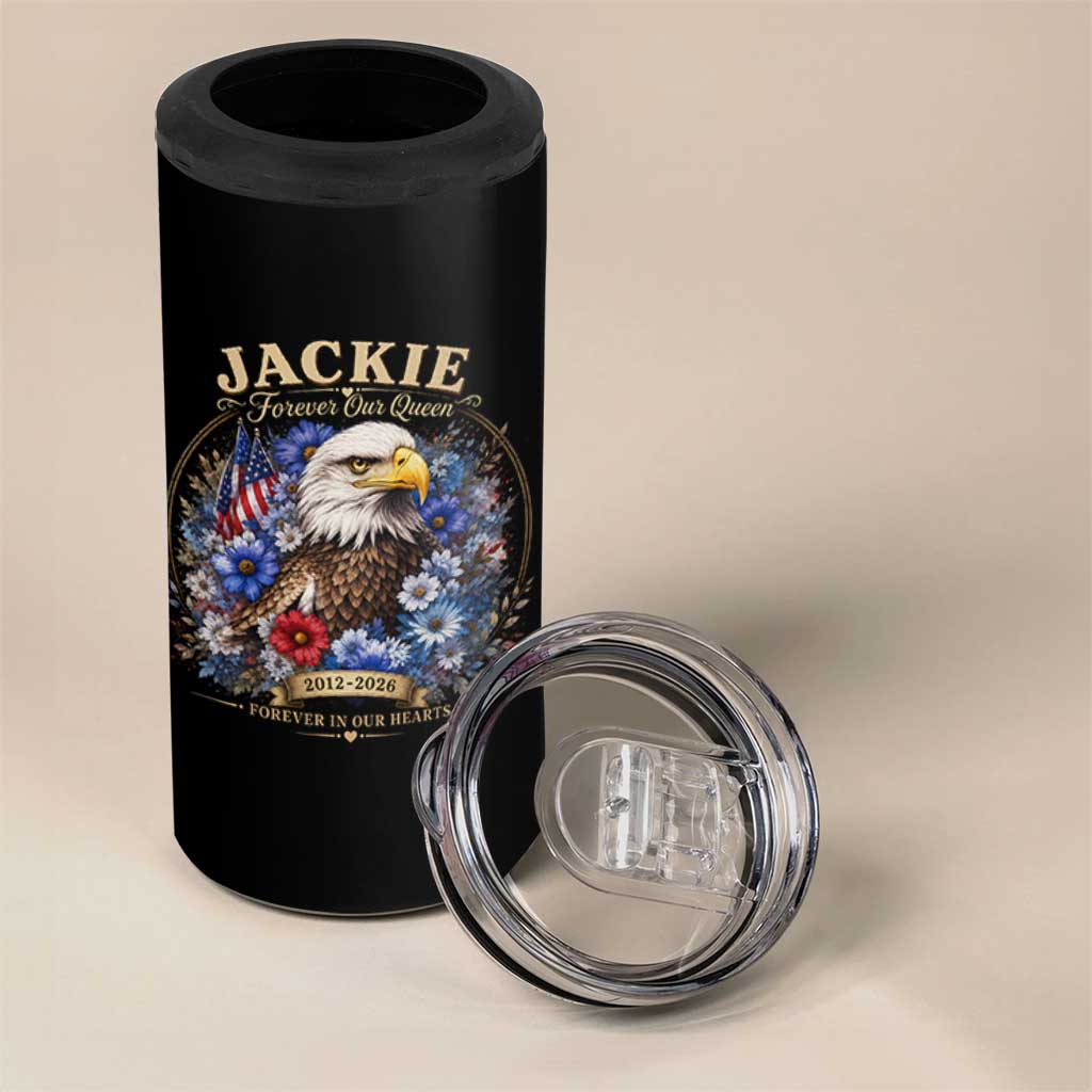 Jackie Bald Eagle 4 in 1 Can Cooler Tumbler Forever Our Queen And In Our Hearts USA Floral