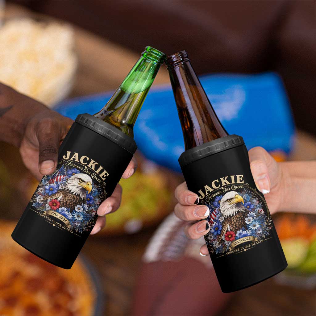 Jackie Bald Eagle 4 in 1 Can Cooler Tumbler Forever Our Queen And In Our Hearts USA Floral