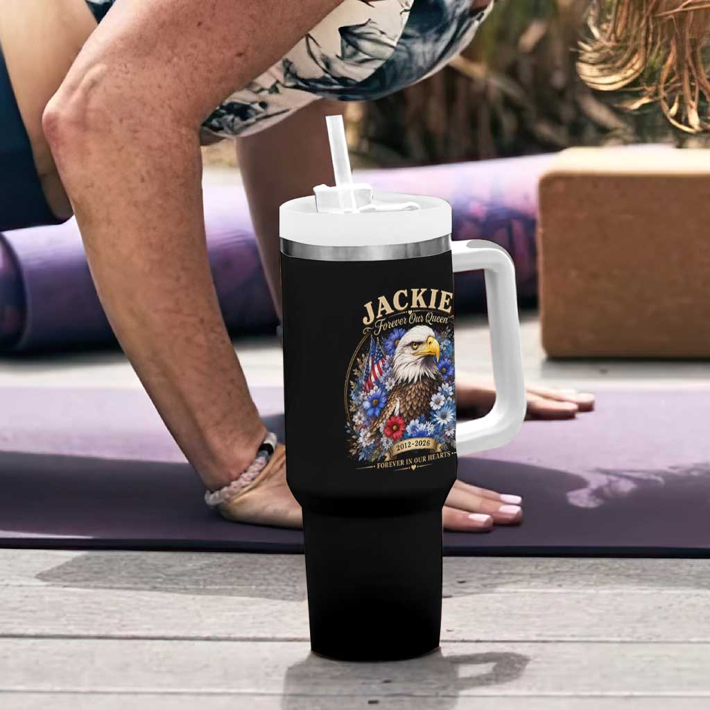 Jackie Bald Eagle Tumbler With Handle Forever Our Queen And In Our Hearts USA Floral