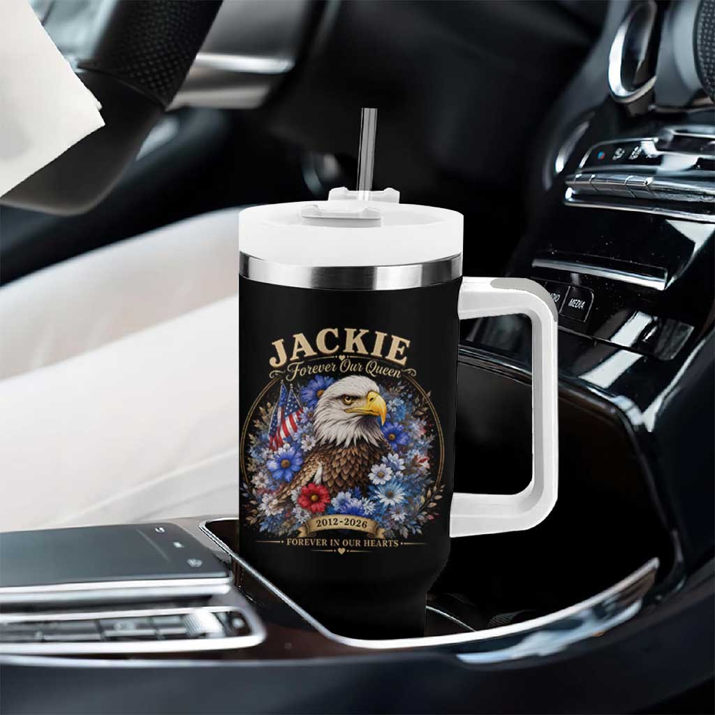 Jackie Bald Eagle Tumbler With Handle Forever Our Queen And In Our Hearts USA Floral