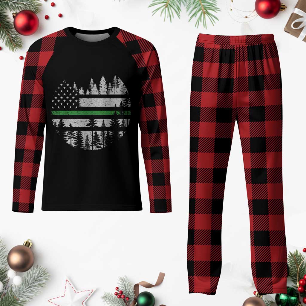 Park Ranger Law Enforcement Forest Green Line American Flag Plaid Pajama Set