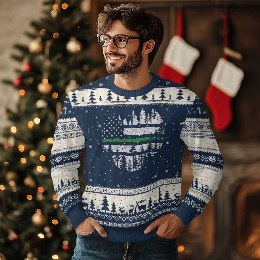 Park Ranger Law Enforcement Forest Green Line American Flag Ugly Christmas Sweater