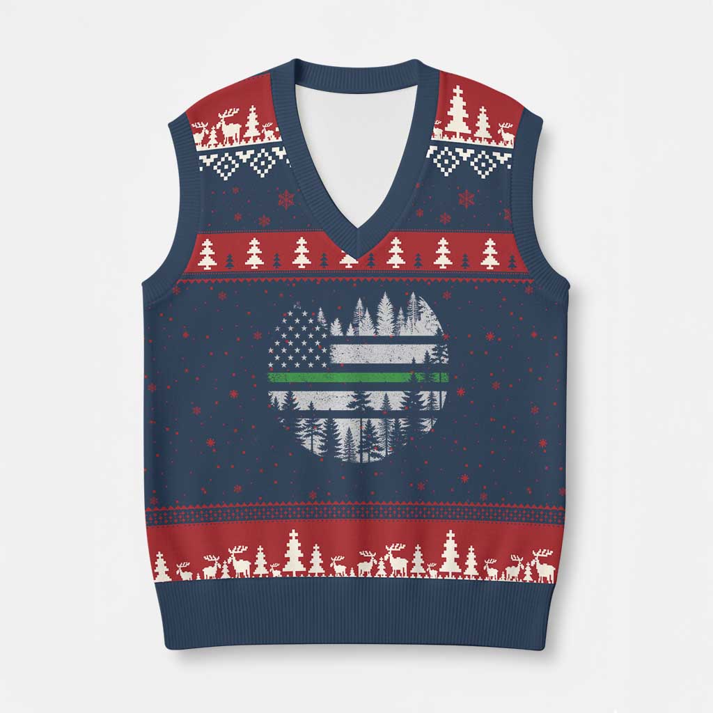 Park Ranger Law Enforcement Forest Green Line American Flag V-Neck Knit Sweater Vest