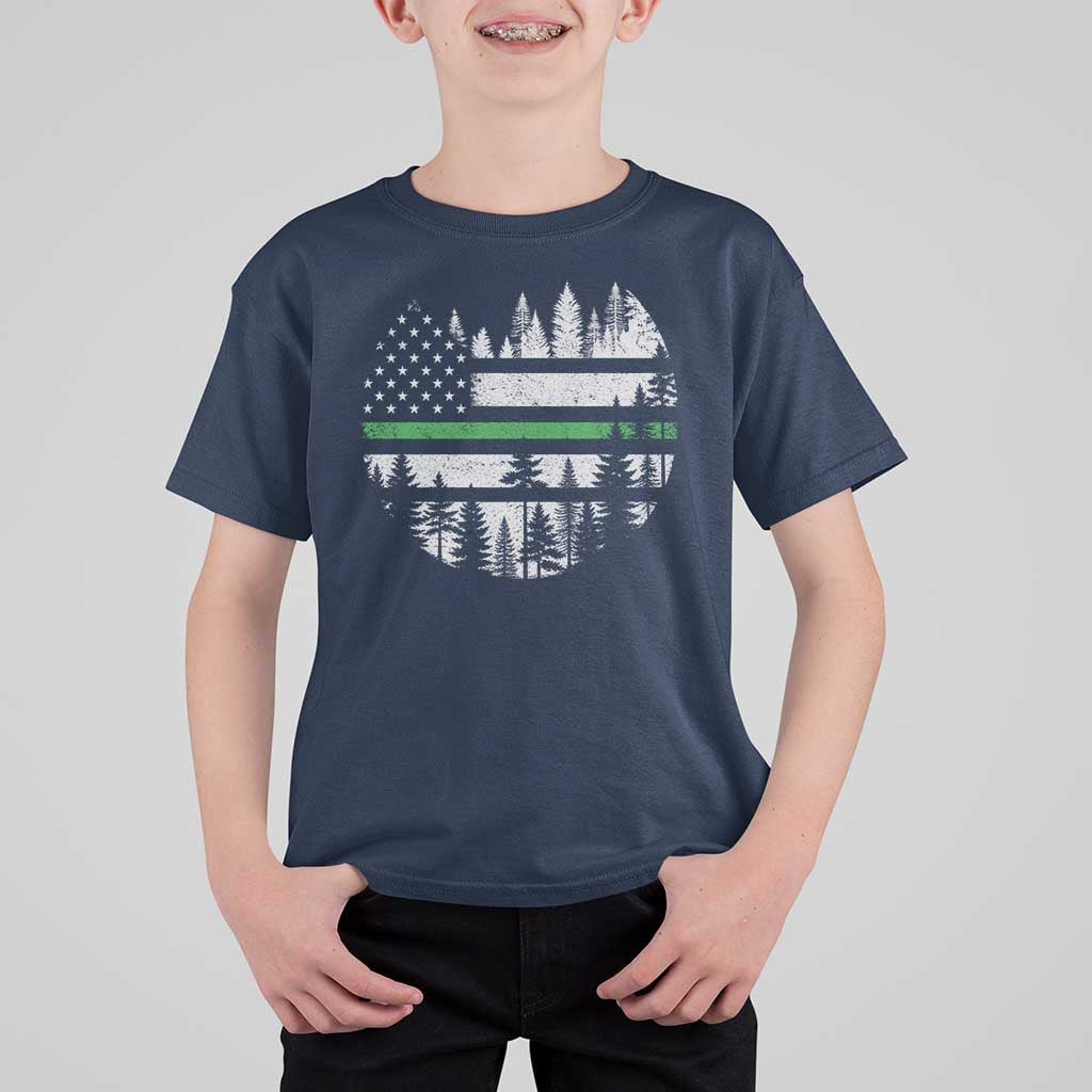 Park Ranger Law Enforcement Forest Green Line American Flag T Shirt For Kid