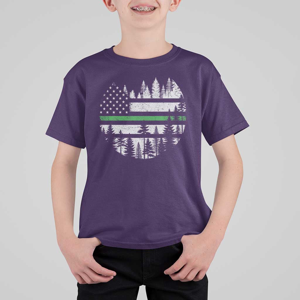 Park Ranger Law Enforcement Forest Green Line American Flag T Shirt For Kid
