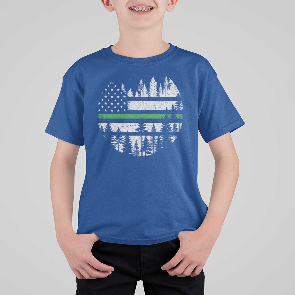 Park Ranger Law Enforcement Forest Green Line American Flag T Shirt For Kid