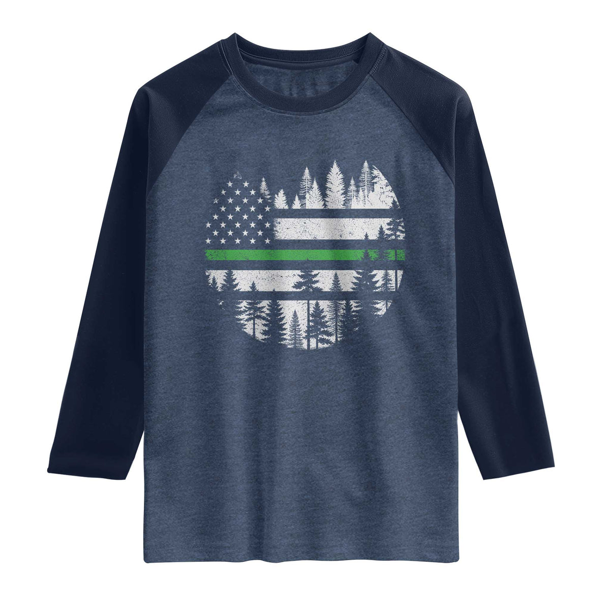 Park Ranger Law Enforcement Forest Green Line American Flag Raglan Shirt