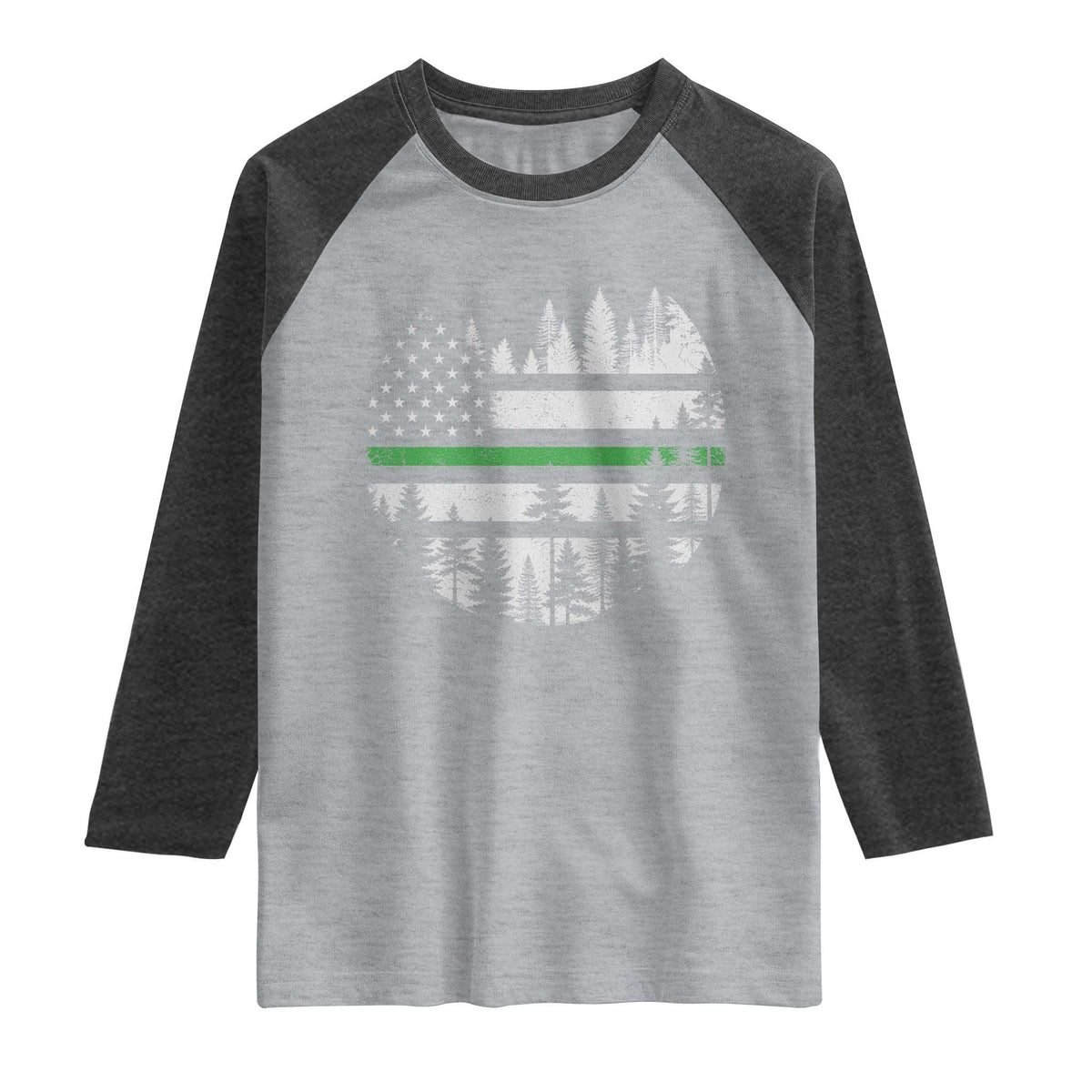 Park Ranger Law Enforcement Forest Green Line American Flag Raglan Shirt