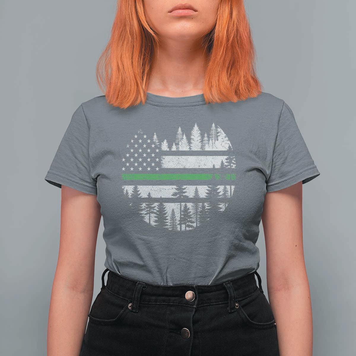 Park Ranger Law Enforcement Forest Green Line American Flag T Shirt For Women