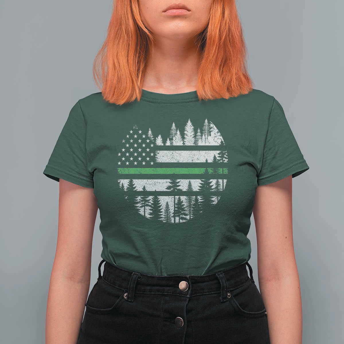 Park Ranger Law Enforcement Forest Green Line American Flag T Shirt For Women