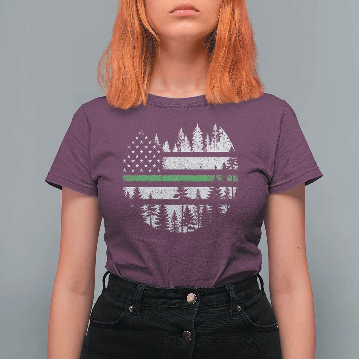 Park Ranger Law Enforcement Forest Green Line American Flag T Shirt For Women