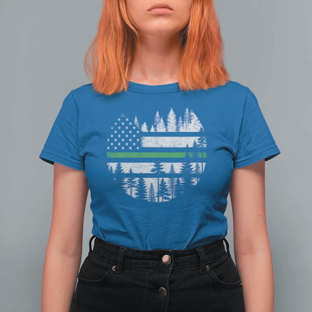 Park Ranger Law Enforcement Forest Green Line American Flag T Shirt For Women