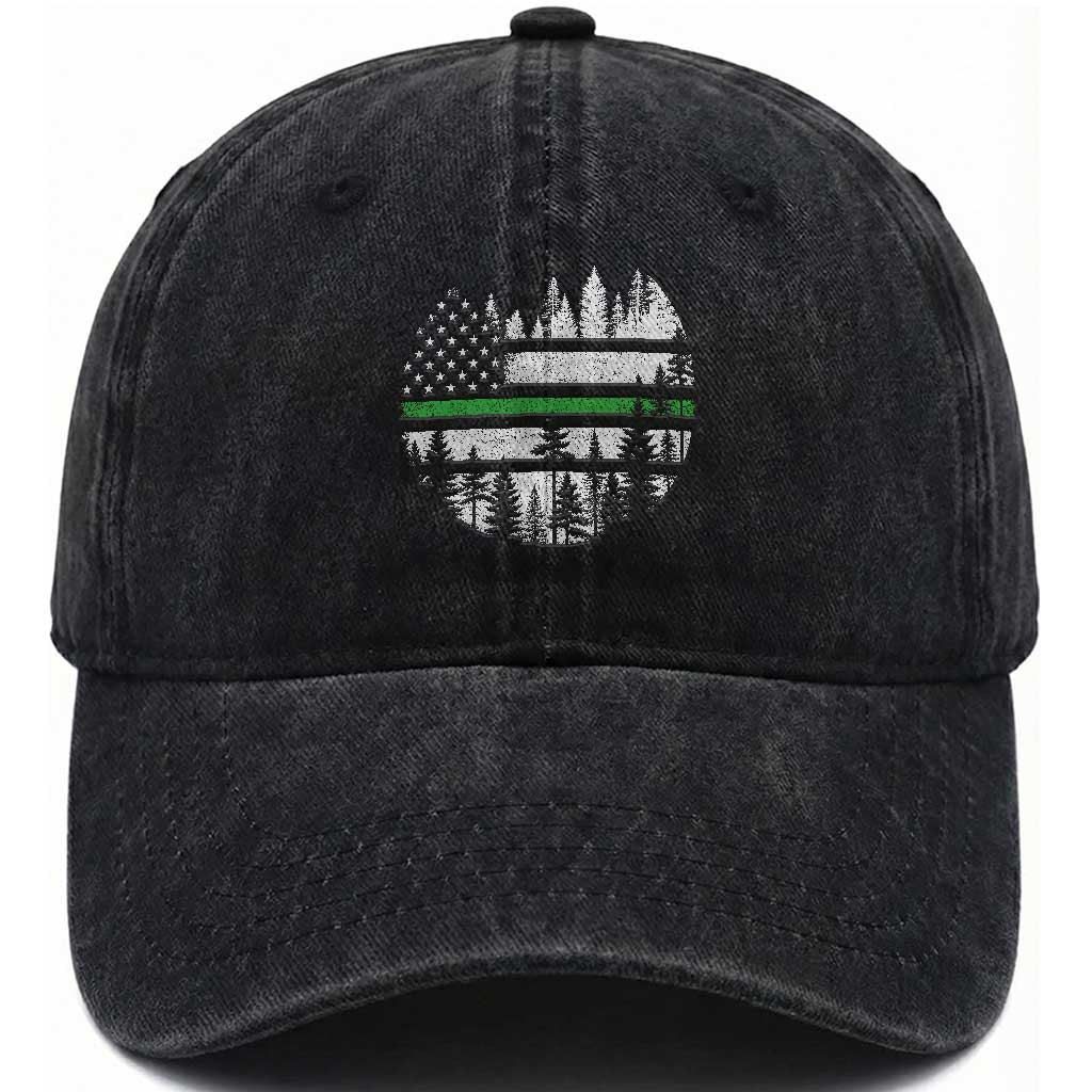 Park Ranger Law Enforcement Forest Green Line American Flag Washed Cotton Baseball Cap