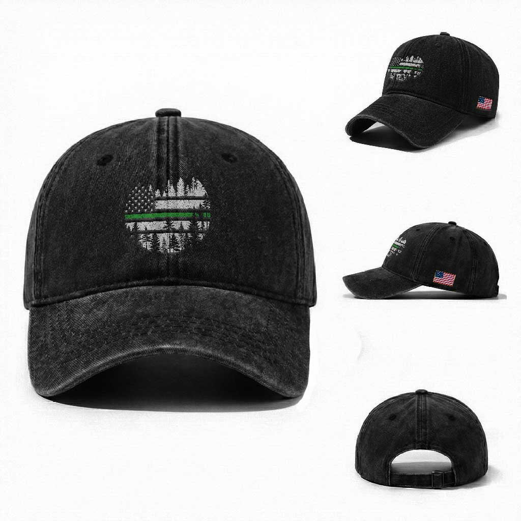 Park Ranger Law Enforcement Forest Green Line American Flag Washed Cotton Baseball Cap