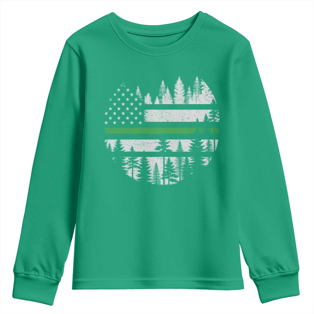Park Ranger Law Enforcement Forest Green Line American Flag Youth Sweatshirt