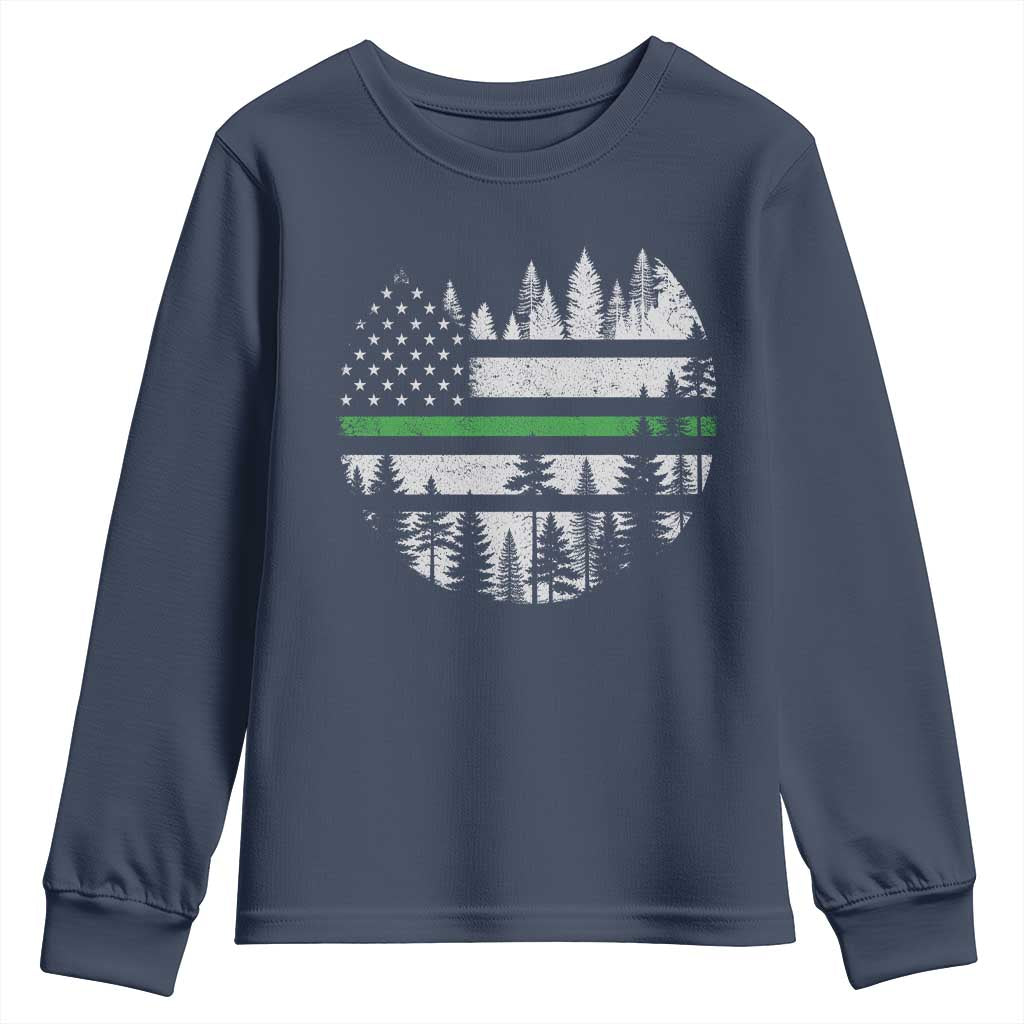 Park Ranger Law Enforcement Forest Green Line American Flag Youth Sweatshirt