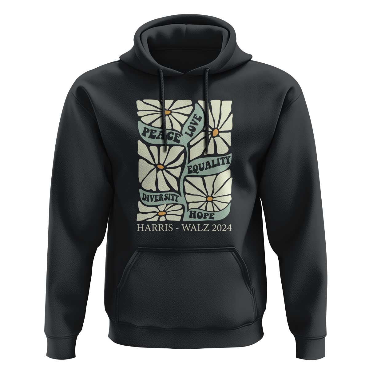 Harris Walz 2024 Hoodie Peace Love Equality Diversity Hope Hand Drawn Flower - Wonder Print Shop