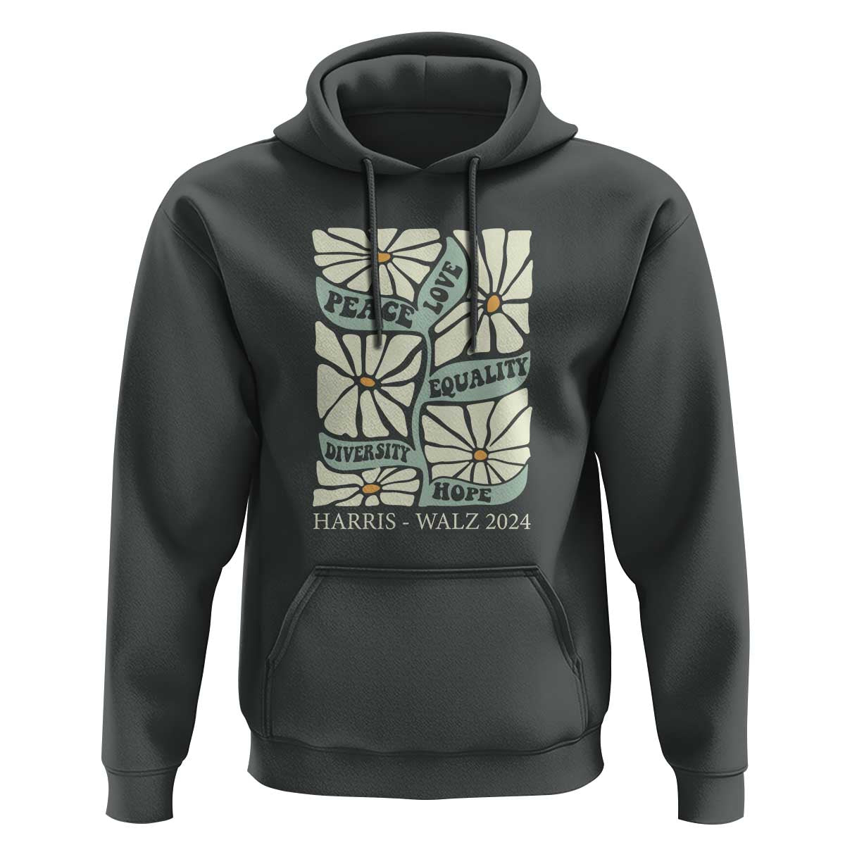 Harris Walz 2024 Hoodie Peace Love Equality Diversity Hope Hand Drawn Flower - Wonder Print Shop