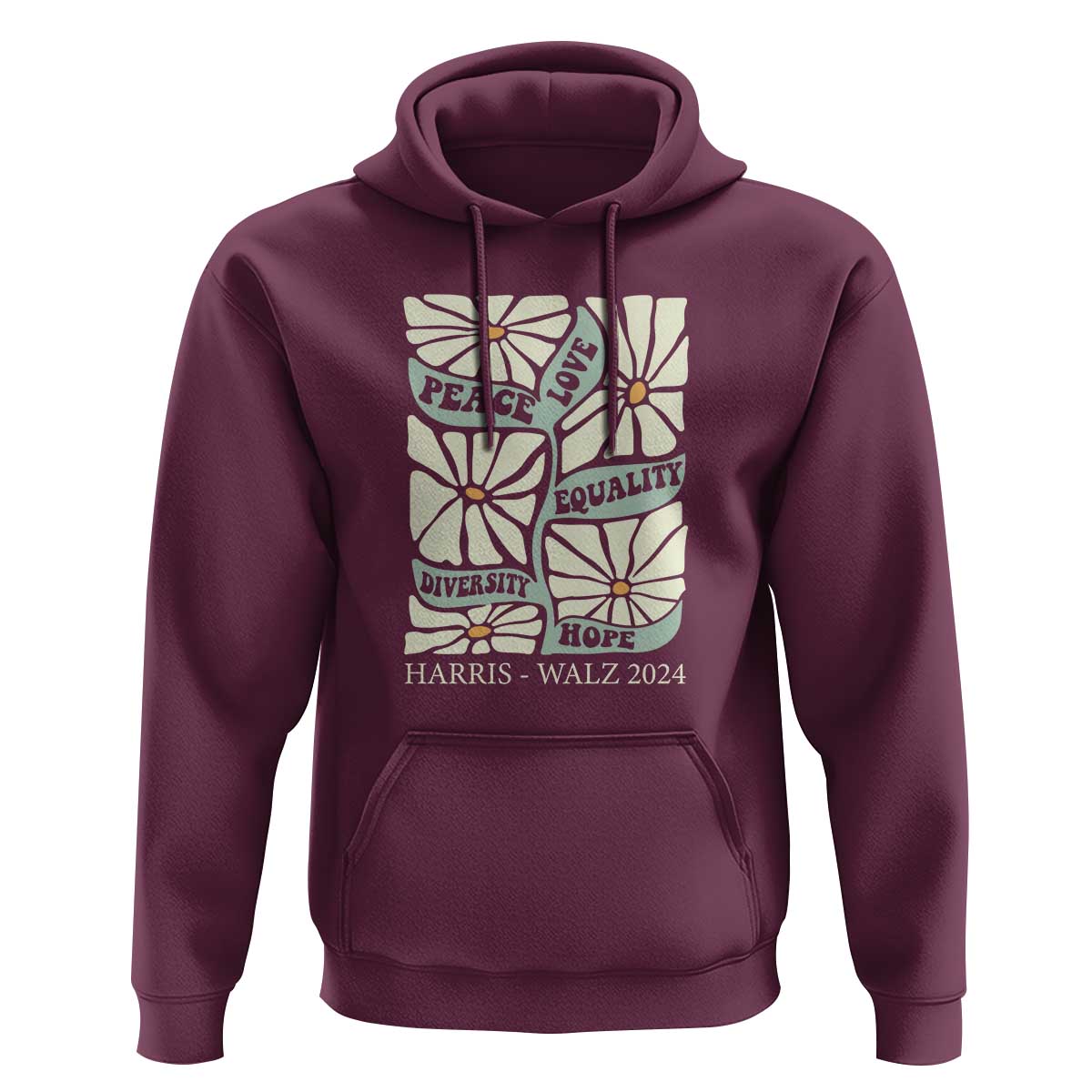 Harris Walz 2024 Hoodie Peace Love Equality Diversity Hope Hand Drawn Flower - Wonder Print Shop