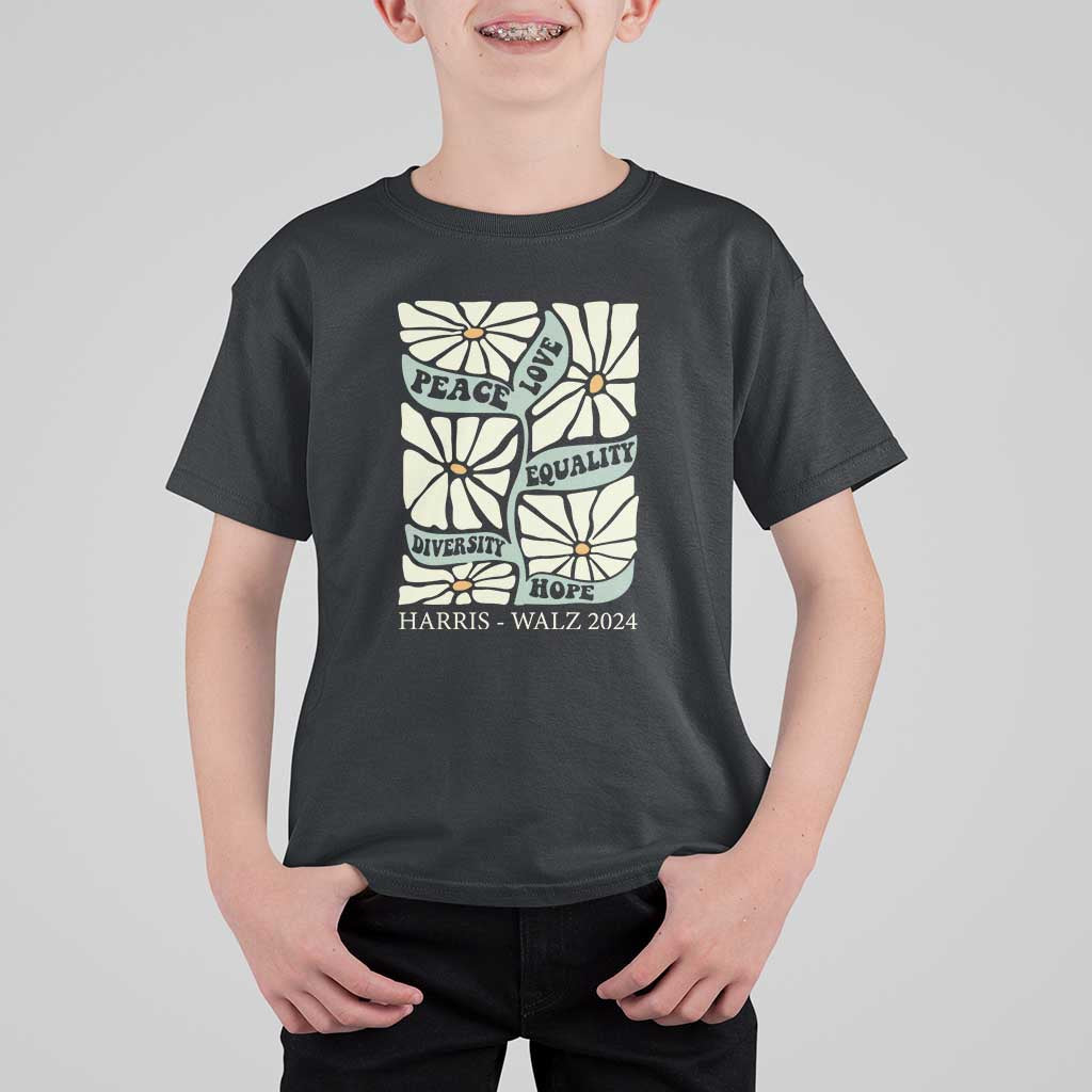 Harris Walz 2024 T Shirt For Kid Peace Love Equality Diversity Hope Hand Drawn Flower - Wonder Print Shop