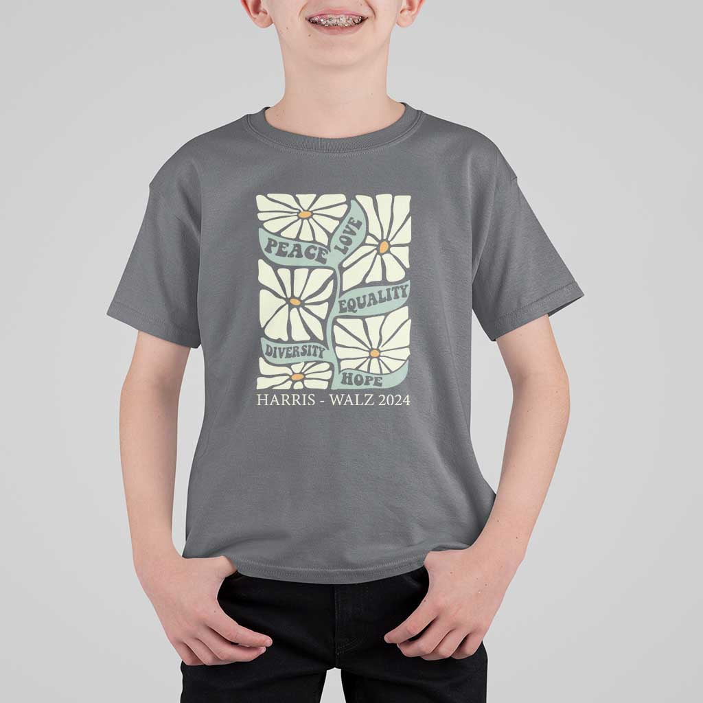 Harris Walz 2024 T Shirt For Kid Peace Love Equality Diversity Hope Hand Drawn Flower - Wonder Print Shop
