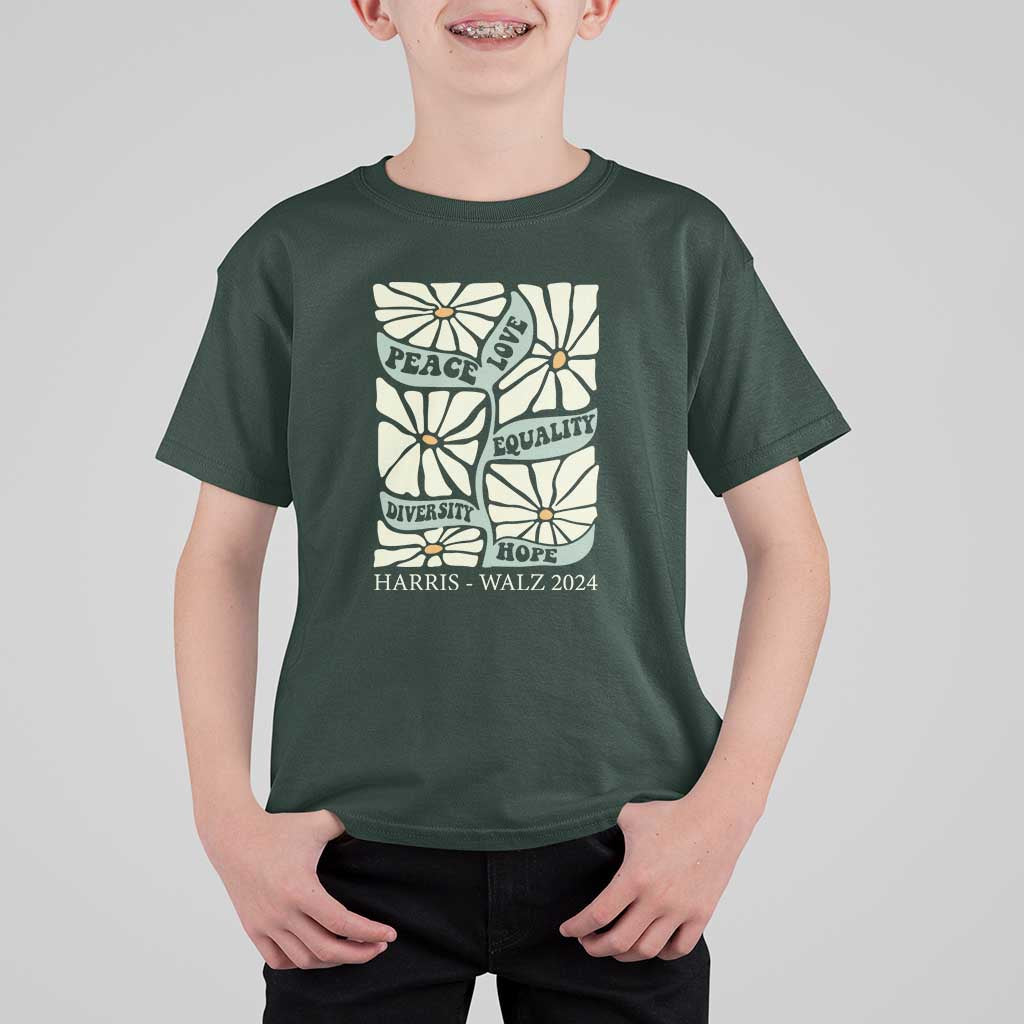 Harris Walz 2024 T Shirt For Kid Peace Love Equality Diversity Hope Hand Drawn Flower - Wonder Print Shop