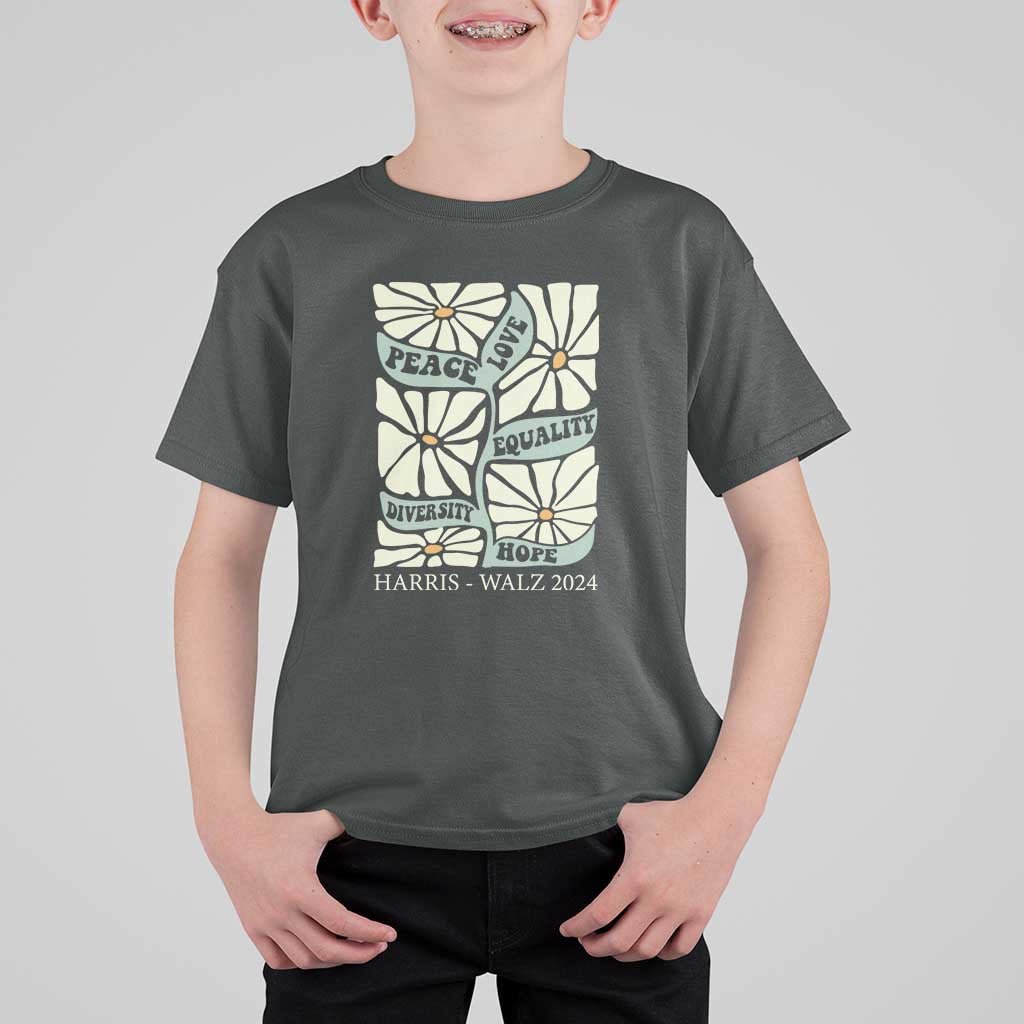Harris Walz 2024 T Shirt For Kid Peace Love Equality Diversity Hope Hand Drawn Flower - Wonder Print Shop
