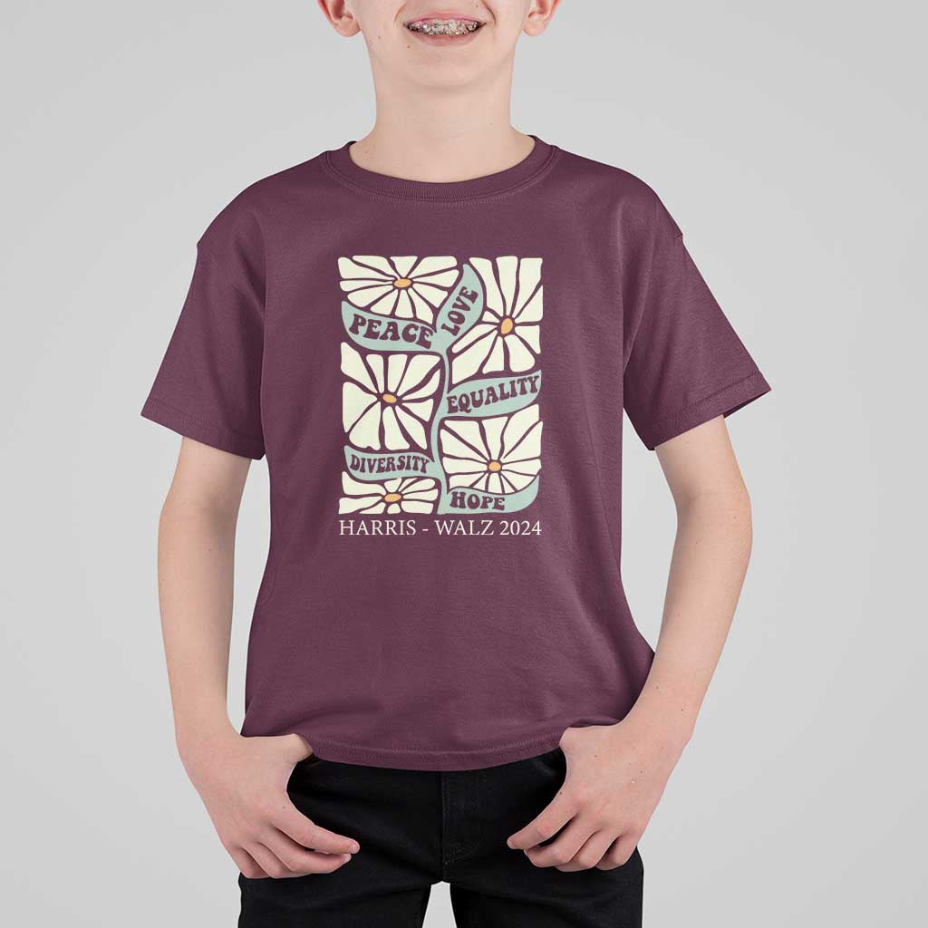 Harris Walz 2024 T Shirt For Kid Peace Love Equality Diversity Hope Hand Drawn Flower - Wonder Print Shop