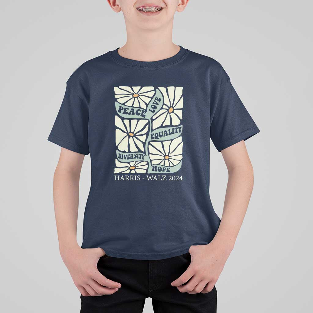 Harris Walz 2024 T Shirt For Kid Peace Love Equality Diversity Hope Hand Drawn Flower - Wonder Print Shop