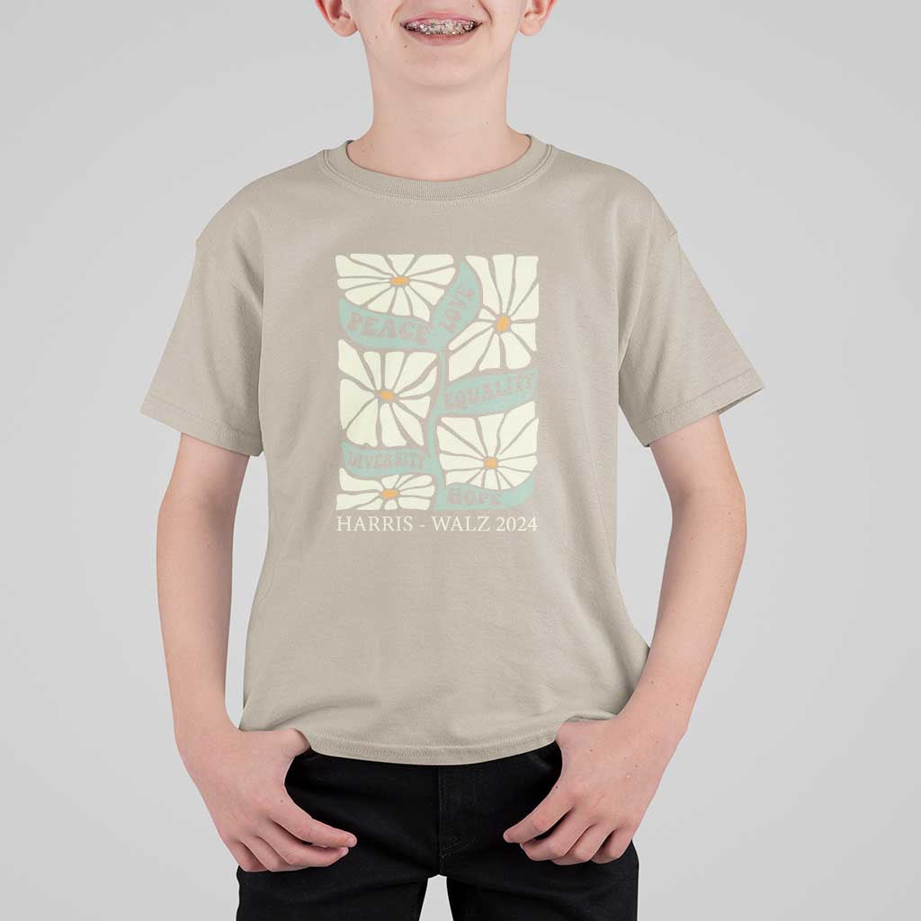Harris Walz 2024 T Shirt For Kid Peace Love Equality Diversity Hope Hand Drawn Flower - Wonder Print Shop