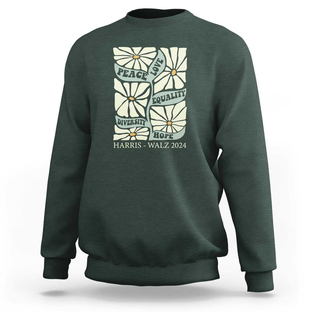 Harris Walz 2024 Sweatshirt Peace Love Equality Diversity Hope Hand Drawn Flower - Wonder Print Shop