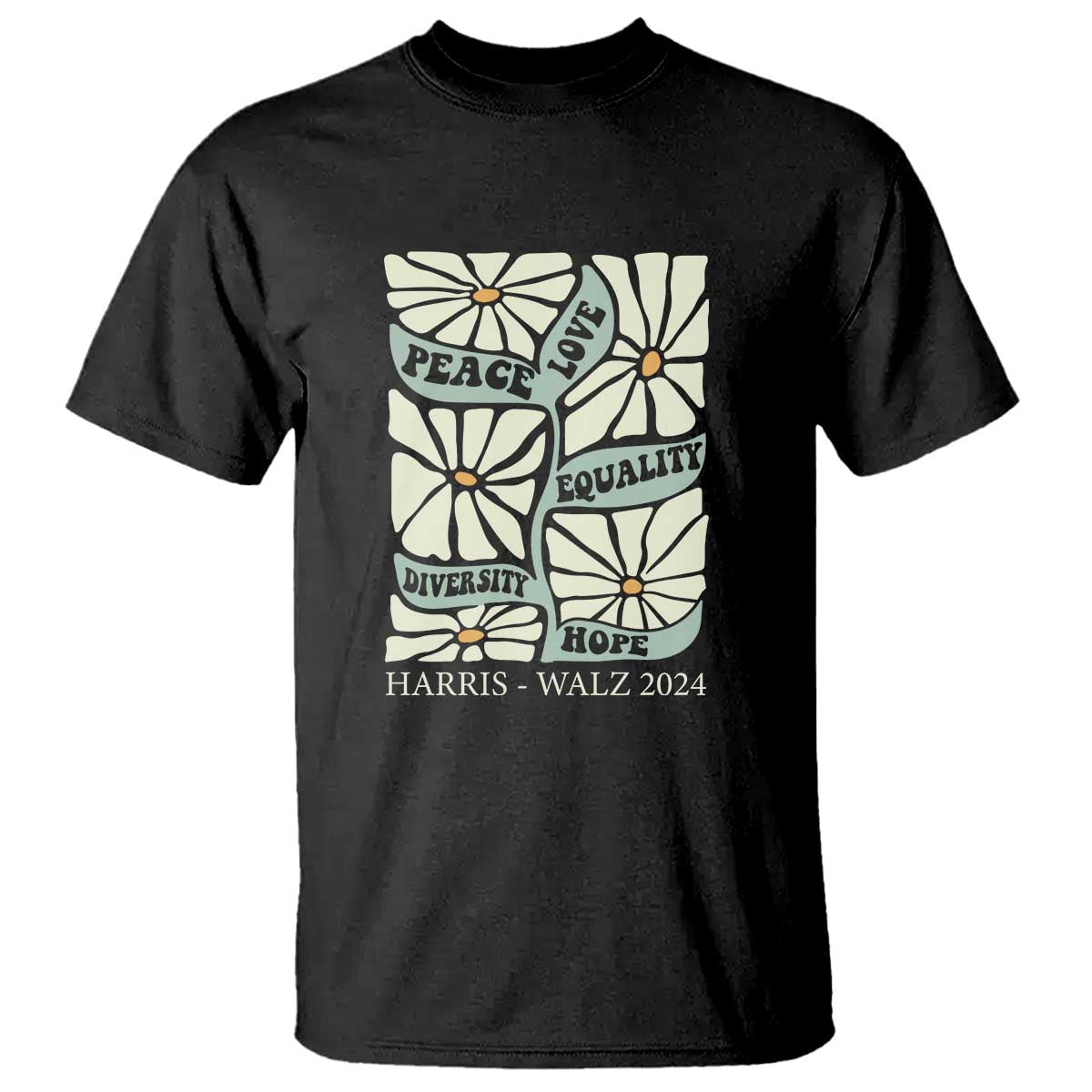 Harris Walz 2024 T Shirt Peace Love Equality Diversity Hope Hand Drawn Flower - Wonder Print Shop