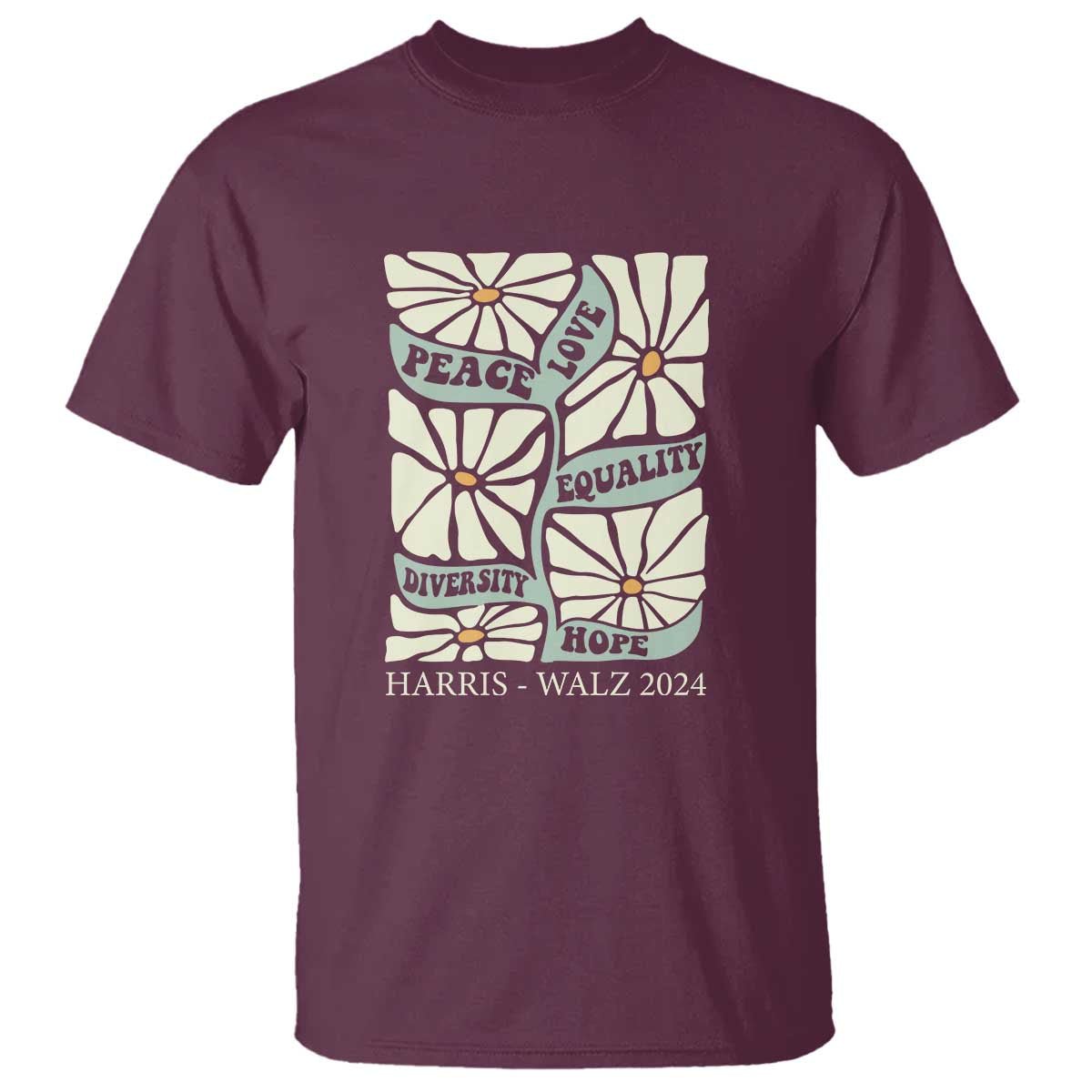 Harris Walz 2024 T Shirt Peace Love Equality Diversity Hope Hand Drawn Flower - Wonder Print Shop
