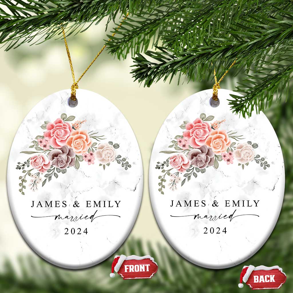 Personalized First Christmas Married 2024 Christmas Ornament Custom Name Couple Vintage Rose Flowers - Wonder Print Shop