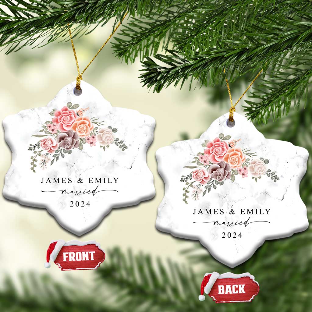 Personalized First Christmas Married 2024 Christmas Ornament Custom Name Couple Vintage Rose Flowers - Wonder Print Shop