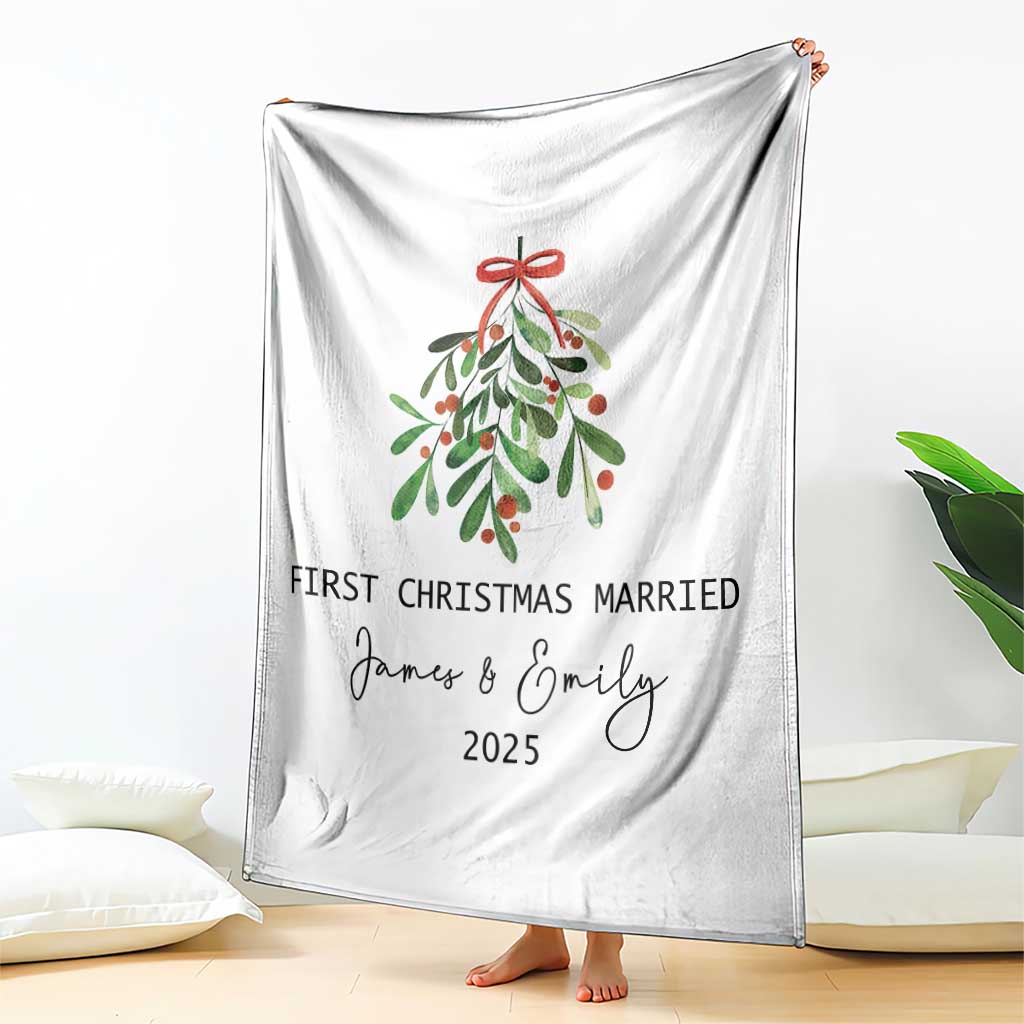 Personalized First Christmas Married Throw Blanket Custom Name Couple Xmas Mistletoe - Wonder Print Shop