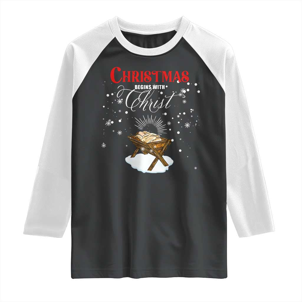 Christmas Begins With Christ Raglan Shirt Christian Christmas Jesus God - Wonder Print Shop