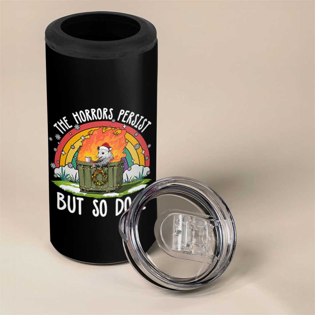 Funny Christmas Opossum 4 in 1 Can Cooler Tumbler The Horrors Persist But So Do I Dumpster Fire Rainbow - Wonder Print Shop