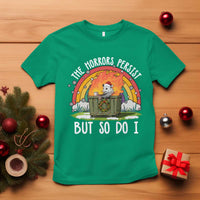 Funny Christmas Opossum T Shirt The Horrors Persist But So Do I Dumpster Fire Rainbow - Wonder Print Shop