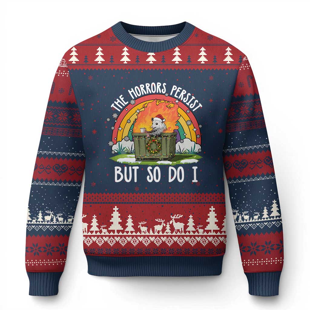 Funny Xmas Opossum Ugly Christmas Sweater The Horrors Persist But So Do I Dumpster Fire Rainbow - Wonder Print Shop