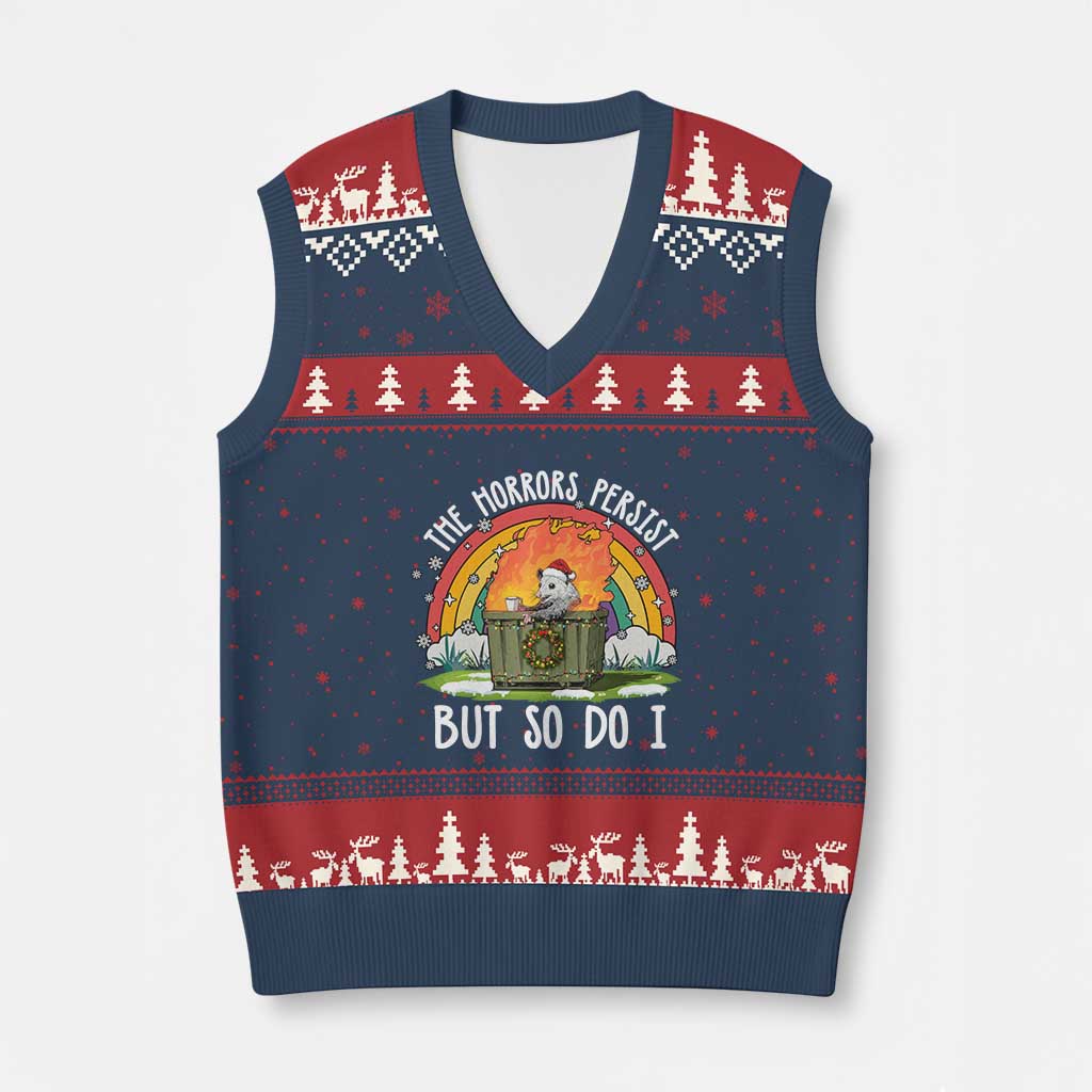 Funny Xmas Opossum V-Neck Knit Sweater Vest The Horrors Persist But So Do I Dumpster Fire Rainbow - Wonder Print Shop