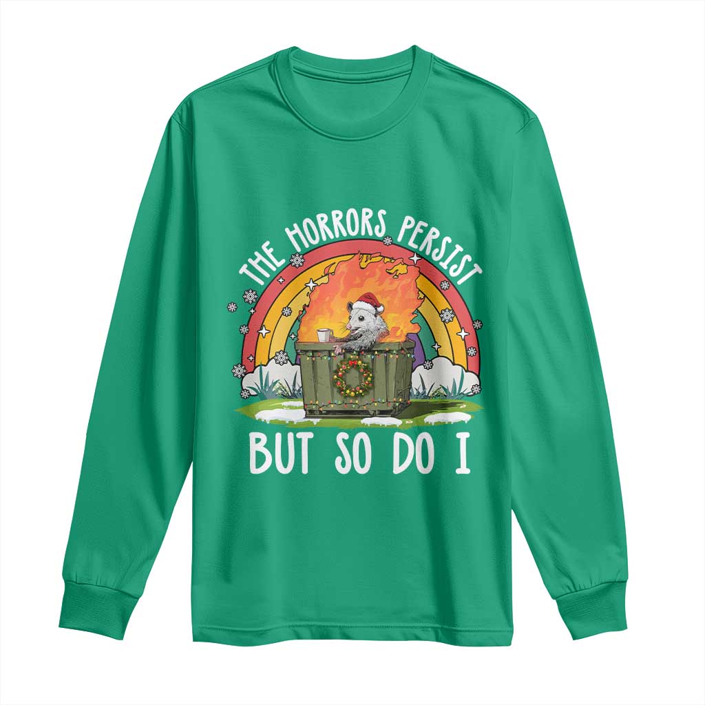 Funny Christmas Opossum Long Sleeve Shirt The Horrors Persist But So Do I Dumpster Fire Rainbow - Wonder Print Shop